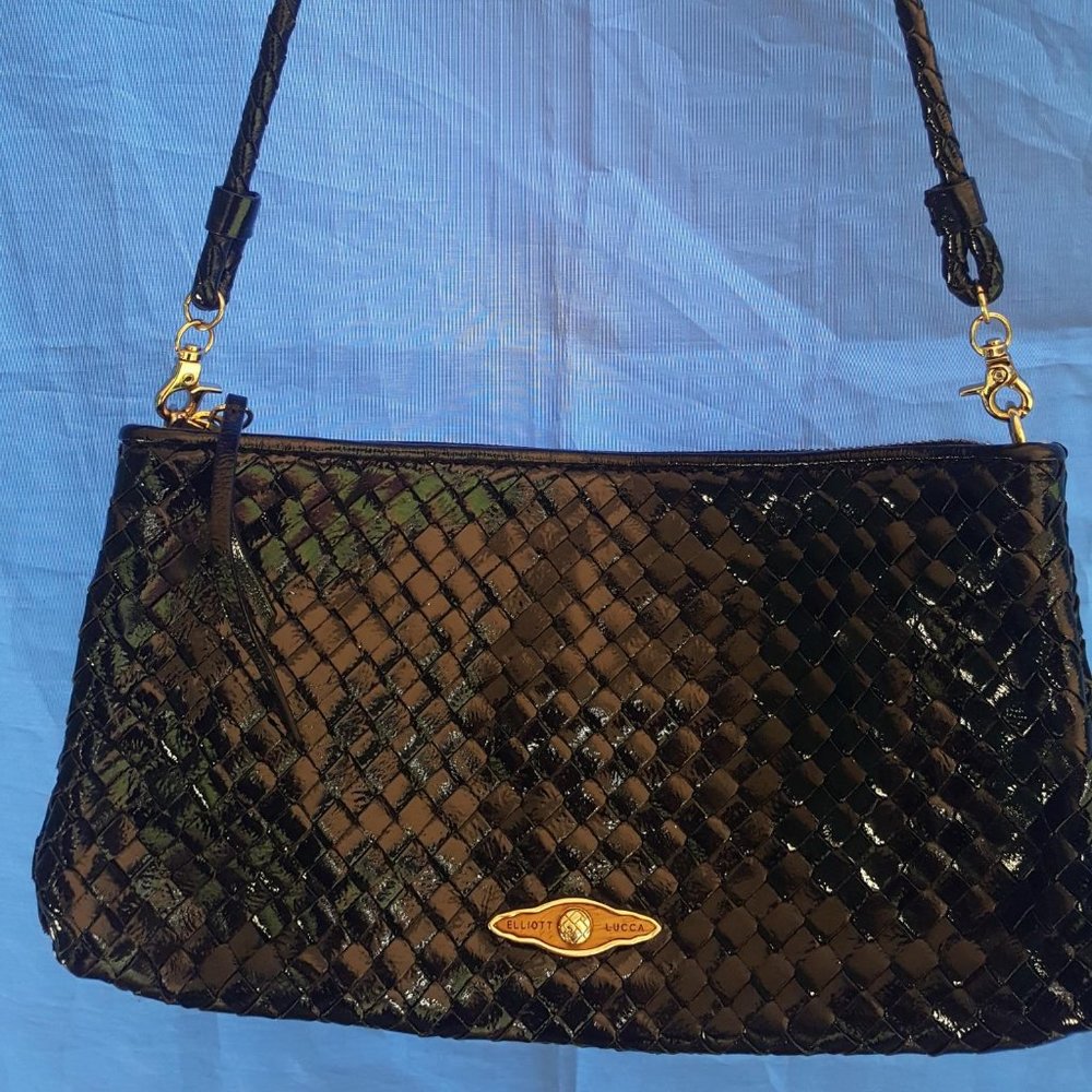 Black basket weave leather Elliot Lucca hand bag